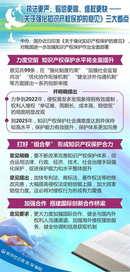 （圖表）[新華調(diào)查]執(zhí)法更嚴(yán)、賠償更高、維權(quán)更快——《關(guān)于強(qiáng)化知識(shí)產(chǎn)權(quán)保護(hù)的意見》三大看點(diǎn)